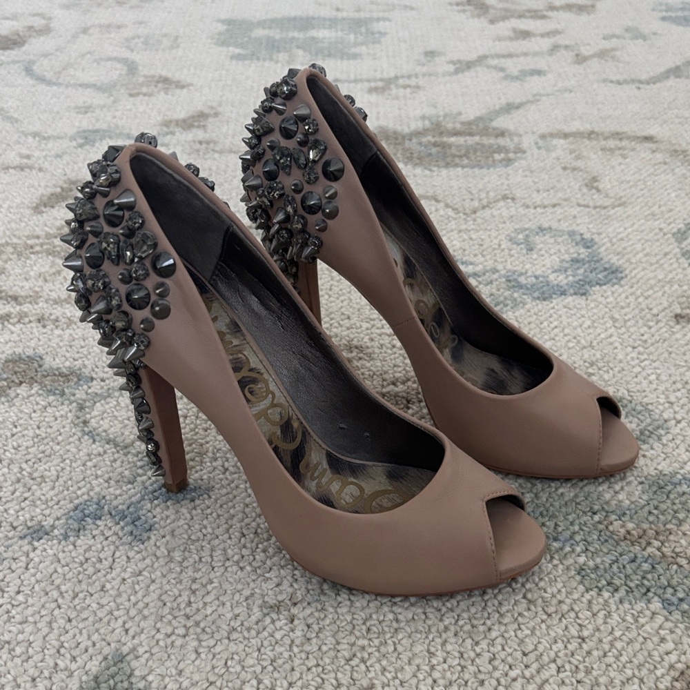 Sam Edelman Lorissa nude leather studded peep-toe heels